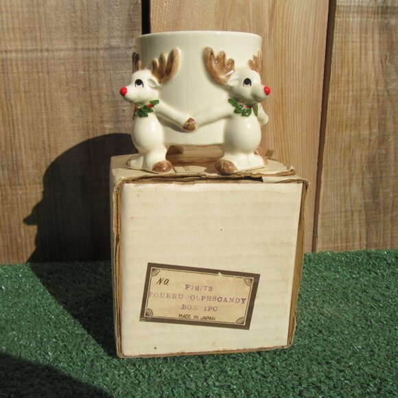 Vintage Fitz & Floyd 4 Rudolphs Christmas Candy Dish w/ Votive Candle JAPAN - Picture 1 of 6